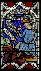 Vindue, der viser Pyschomachia: Retfærdighed og uretfærdighed af French School